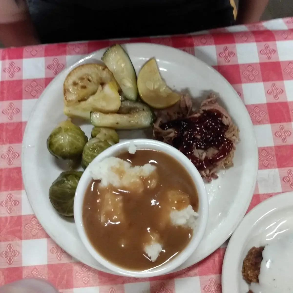 Mashed Potatoes and Gravy with Brussel Sprouts and Squash