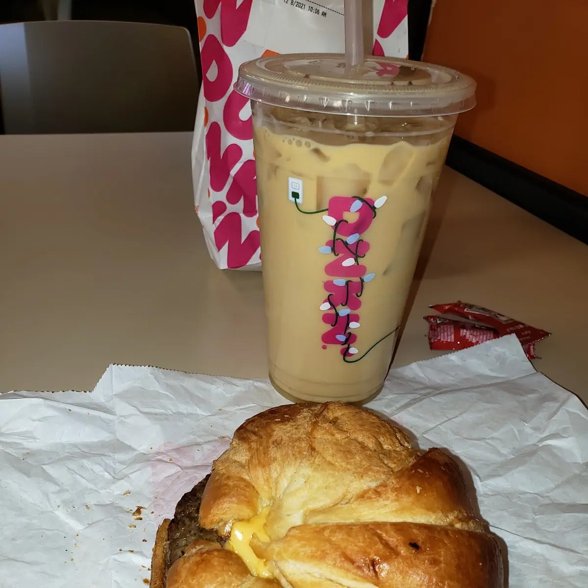 Sausage Egg and Cheese Croissant Ice Coffee