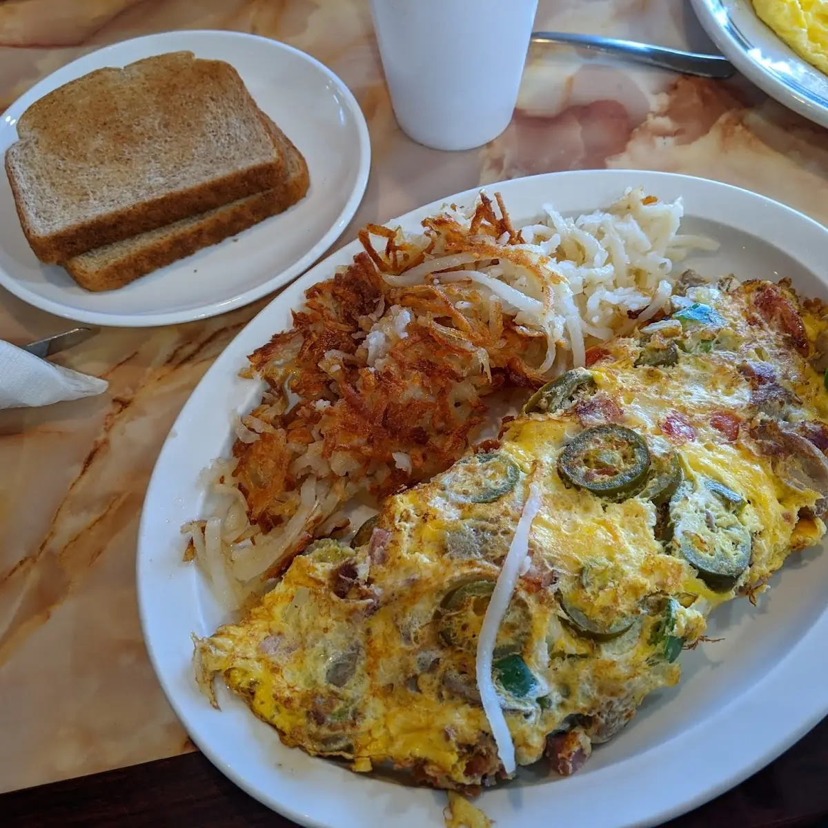 Spinach Omelet with Hash Browns and Toast