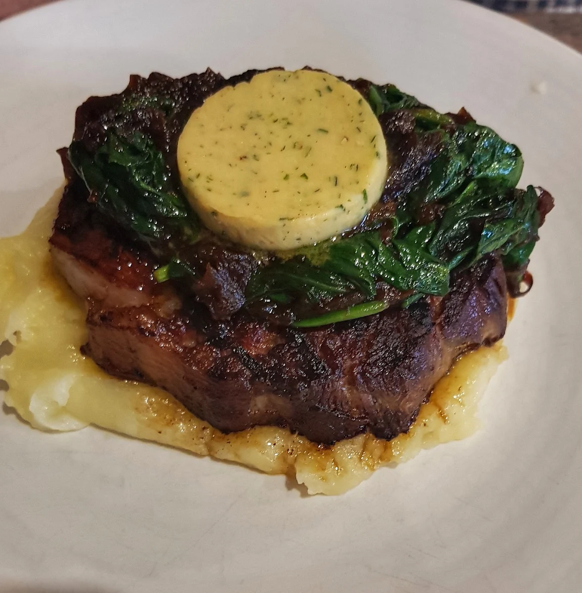 Prime Scotch Fillet on Creamy Mash with Spinach, Sawyers Arms Tavern