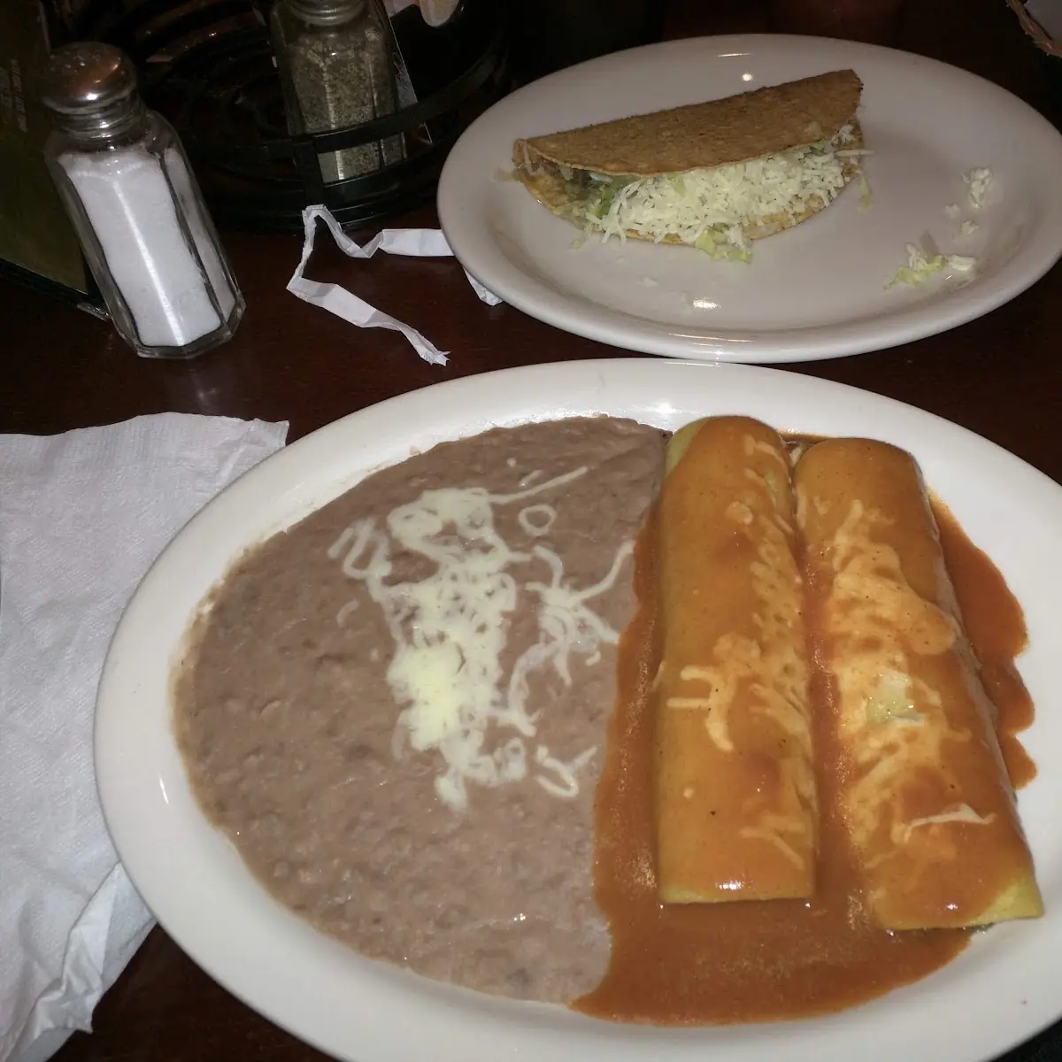 Enchiladas and Refried Beans and Rice