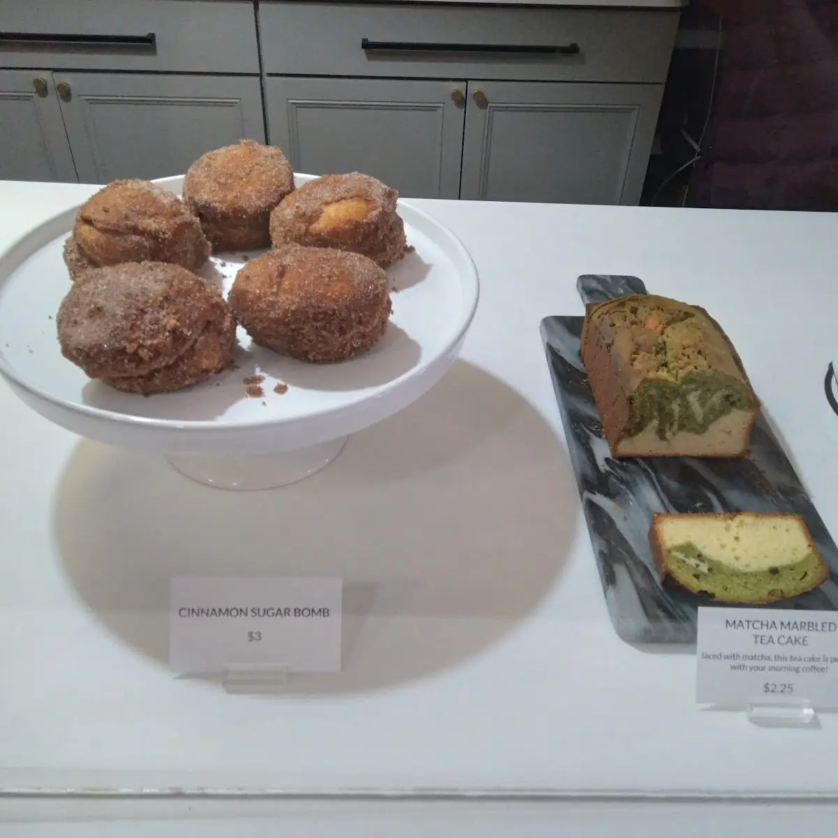Cinnamon Sugar Bomb and Matcha Marbled Tea Cake