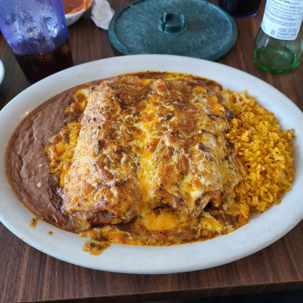Beef Enchiladas Rice and Refried Beans