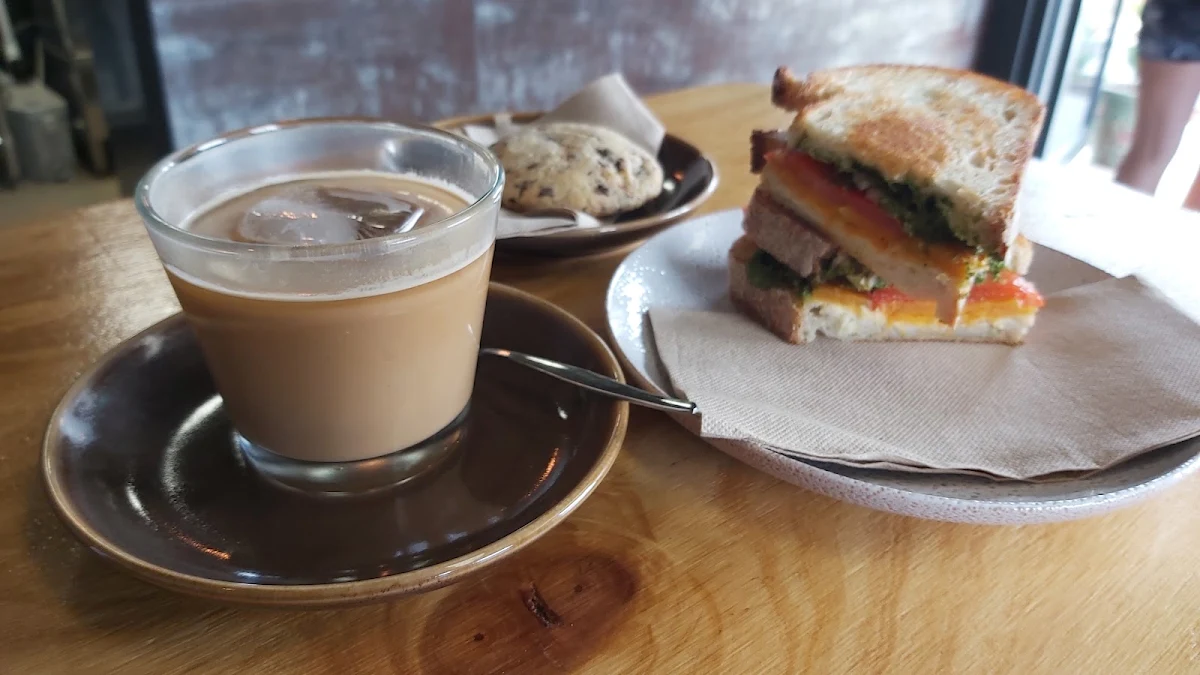 Pesto Veg Toastie Iced Latte and Biccie
