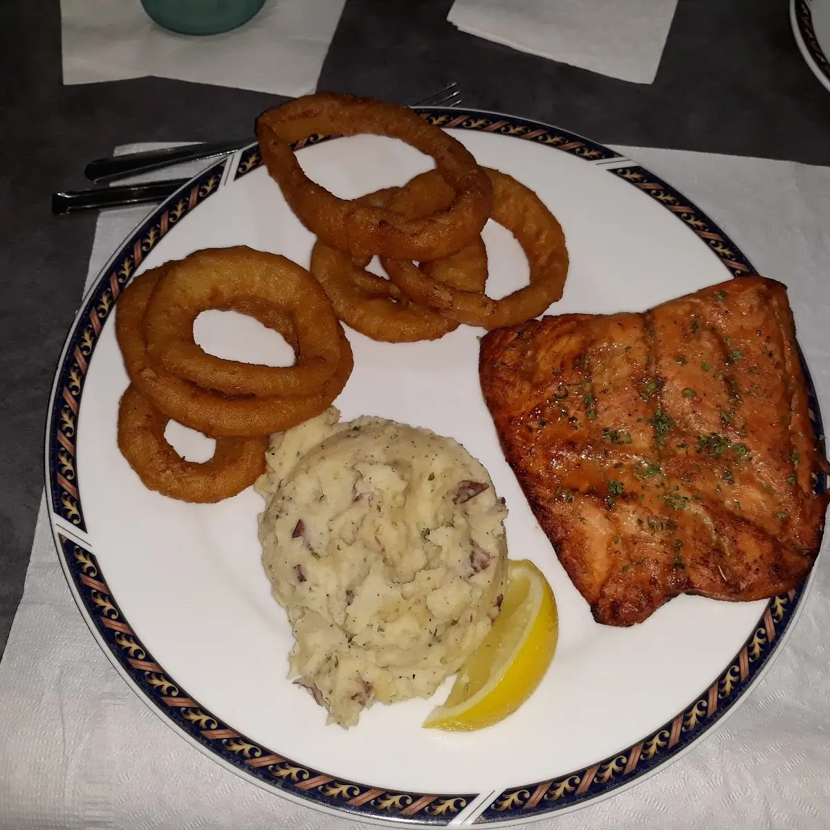Salmon Mashed Potatoes Onion Rings