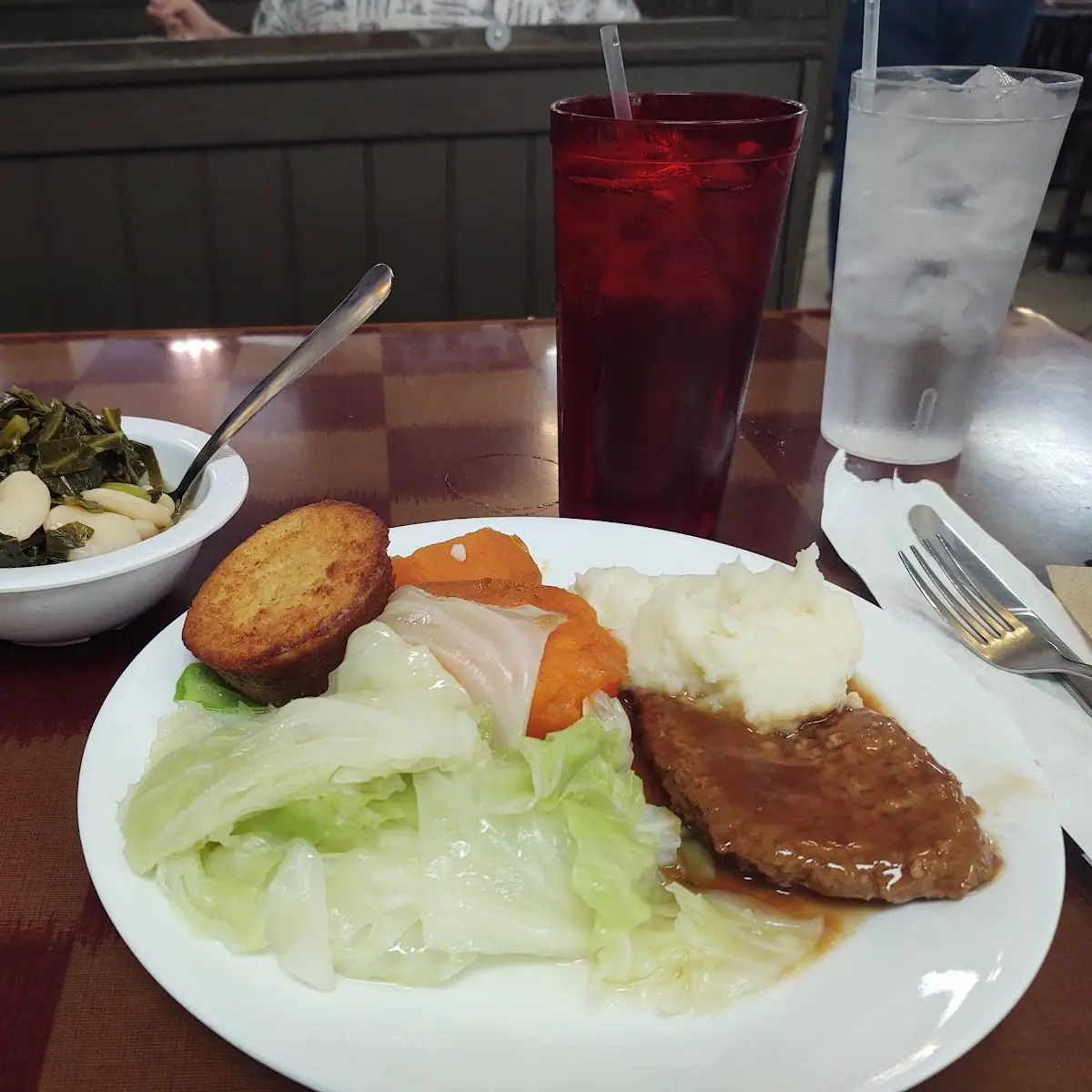 Cabbage Salisbury Steak Creamed Potatoes and Sweet Potatoes and Collards and Butter Beans