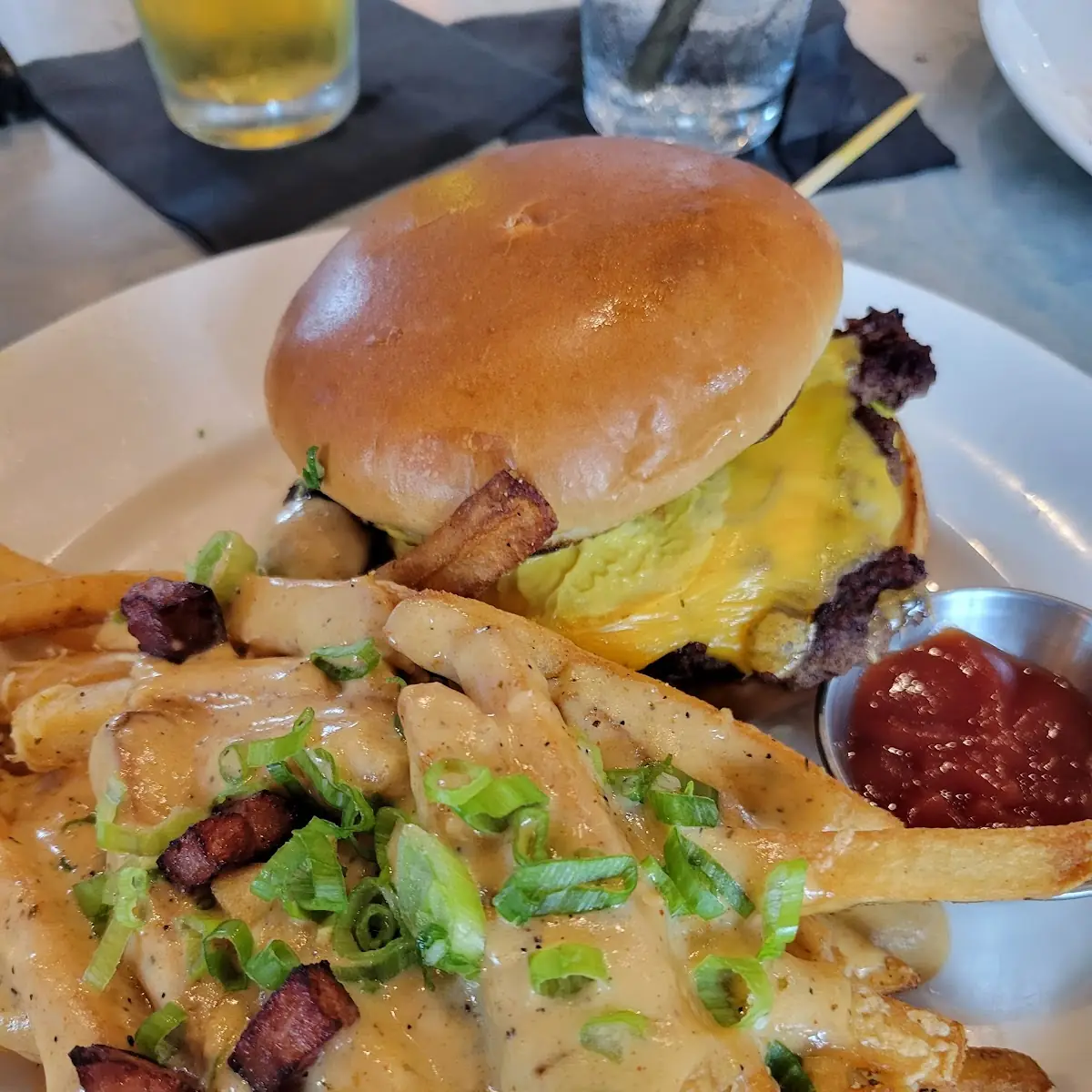 Hay Stack Burger with Beer Cheese Fries