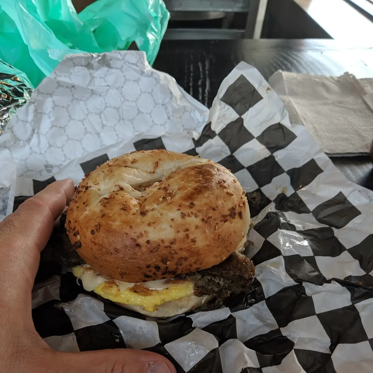 Scrapple Egg and Cheese Bagel