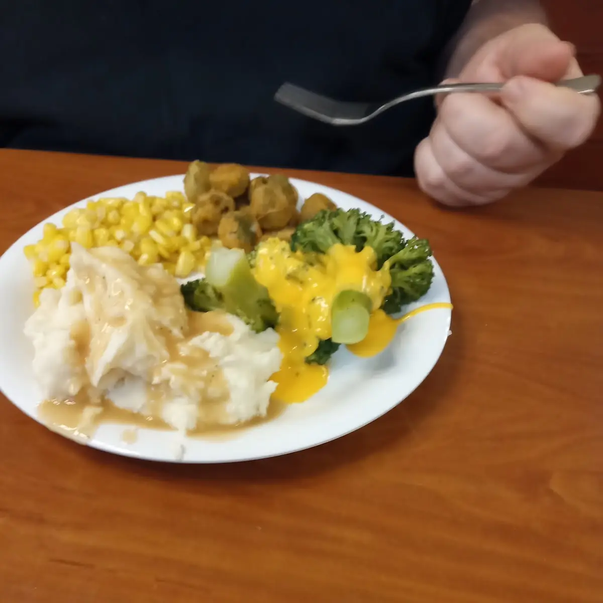 Fried Okra Mashed Potatoes and Gravy Sweet Corn and Cheese Broccoli