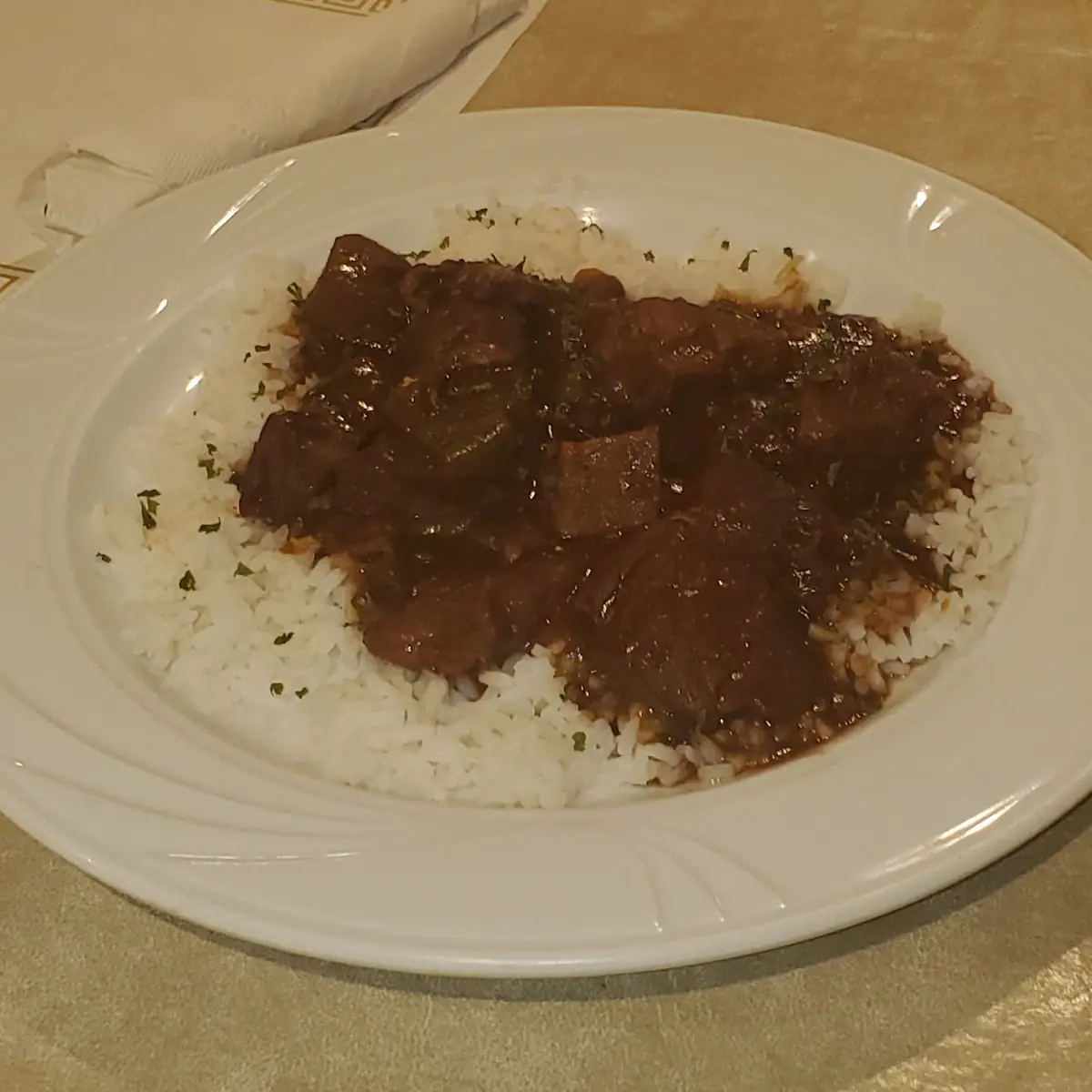 Beef Tips over White Rice