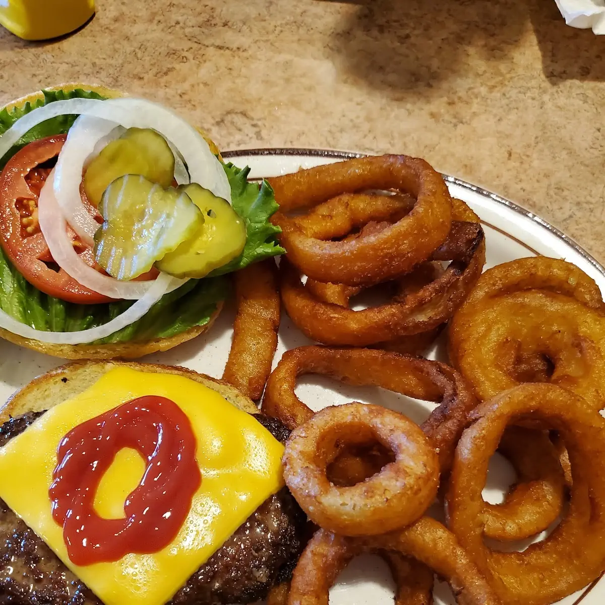 Bacon Cheeseburger and Onion Rings