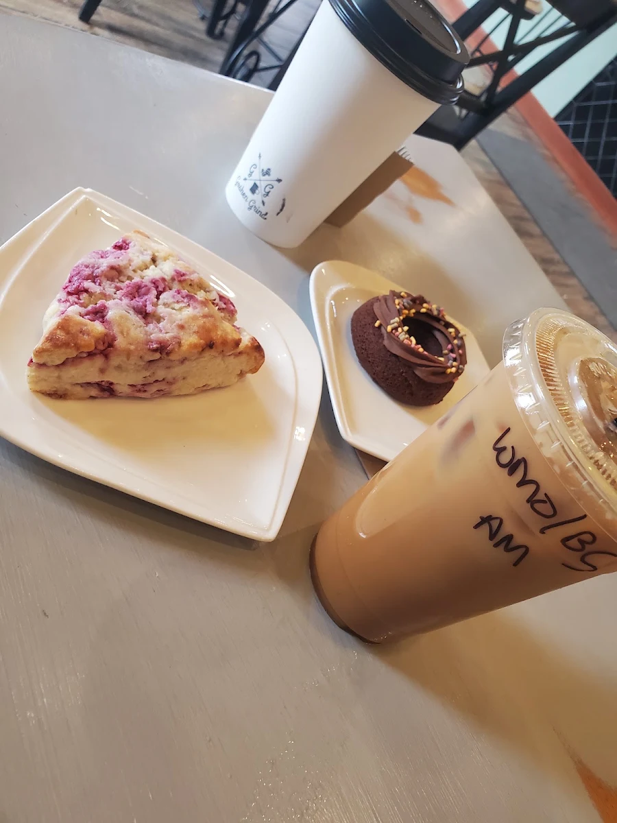 White Chocolate Raspberry Scone Chocolate Donut Iced White Chocolate Almond Milk Latte