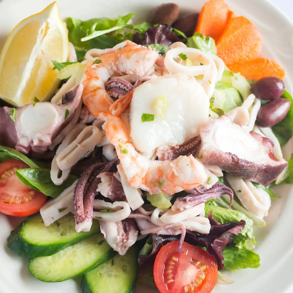 Organic Mixed Green Salad Topped with Fresh Marinated Seafood