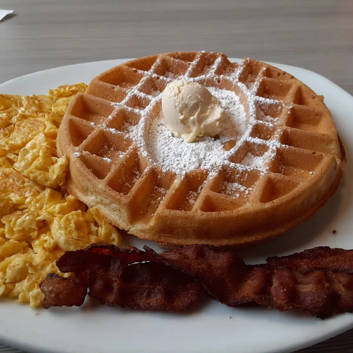 Belgian Waffle with Scrambled Eggs and Bacon
