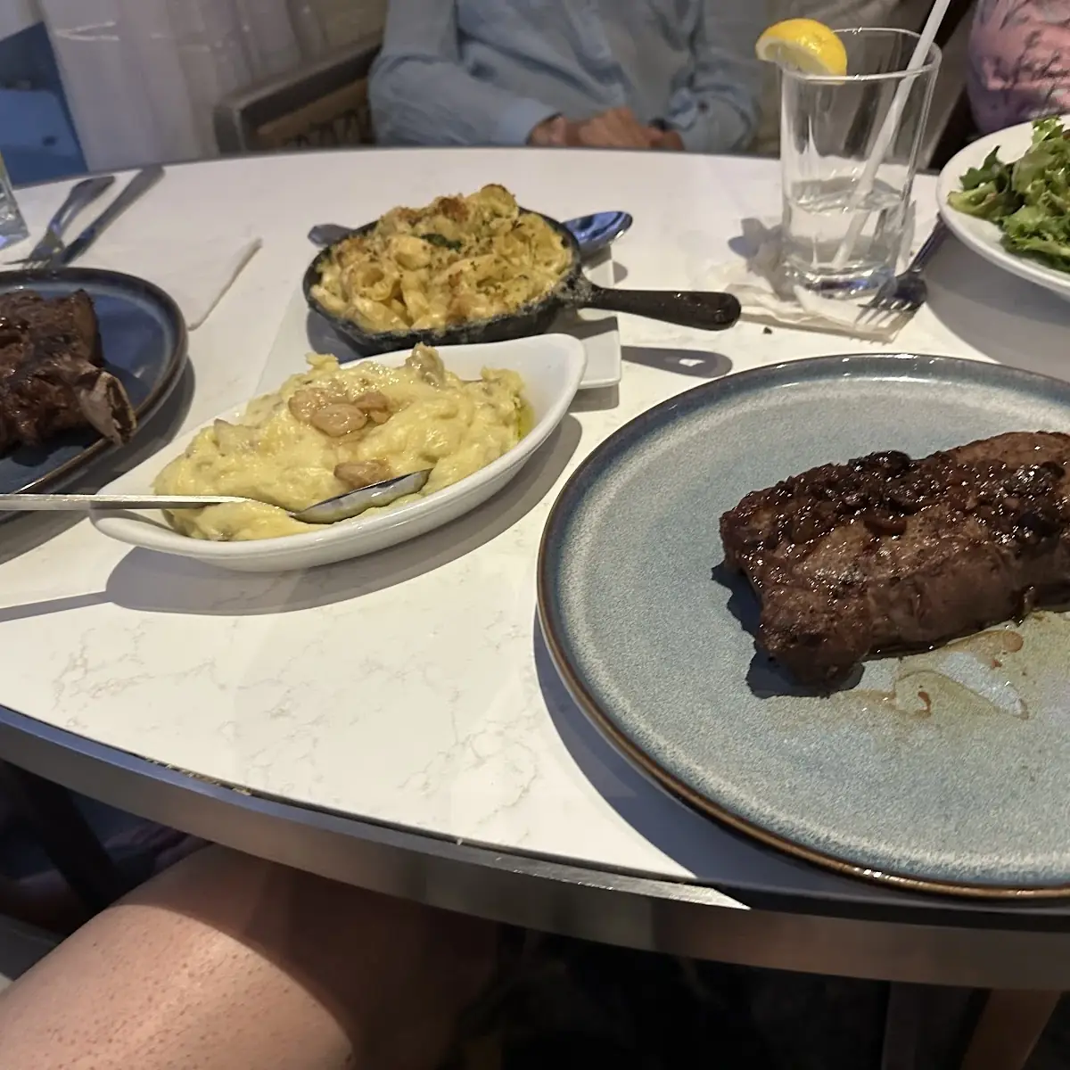 Strip Steak Garlic Mashed Potatoes Mac and Cheese