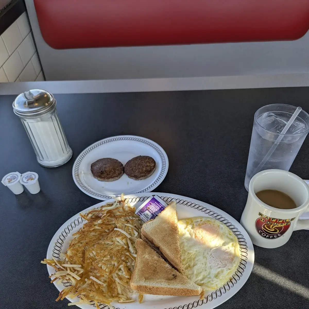 Eggs Hash Browns Sausage and Toast