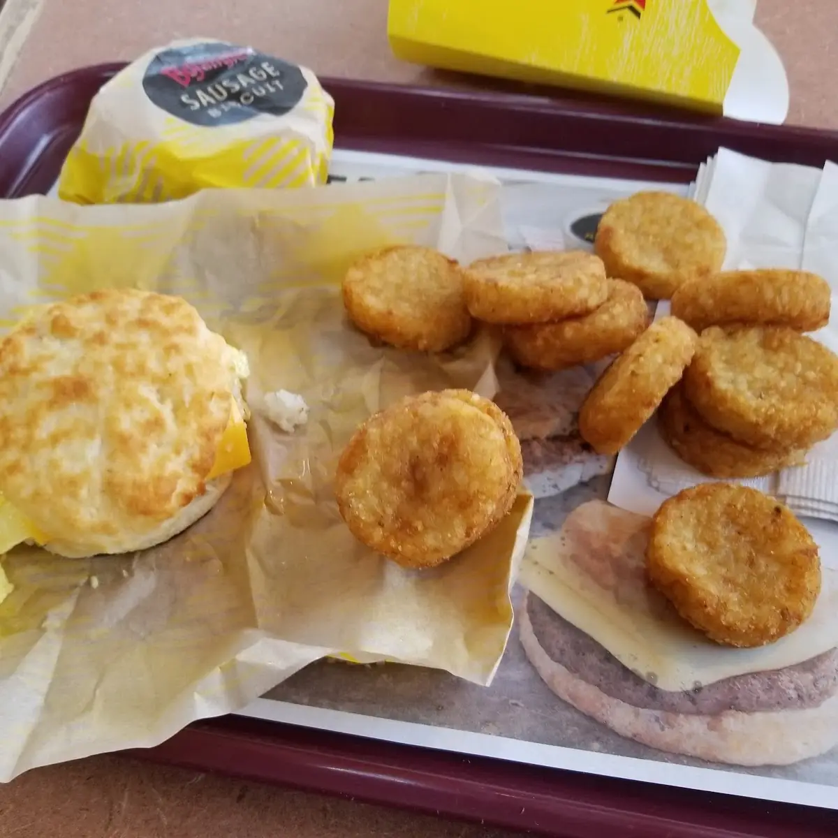 Sausage Egg and Cheese Sandwich with Potato Rounds