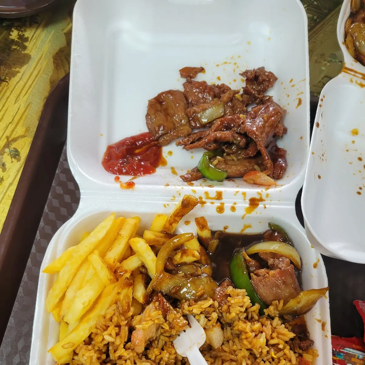Pepper Steak with Fries and Fried Rice