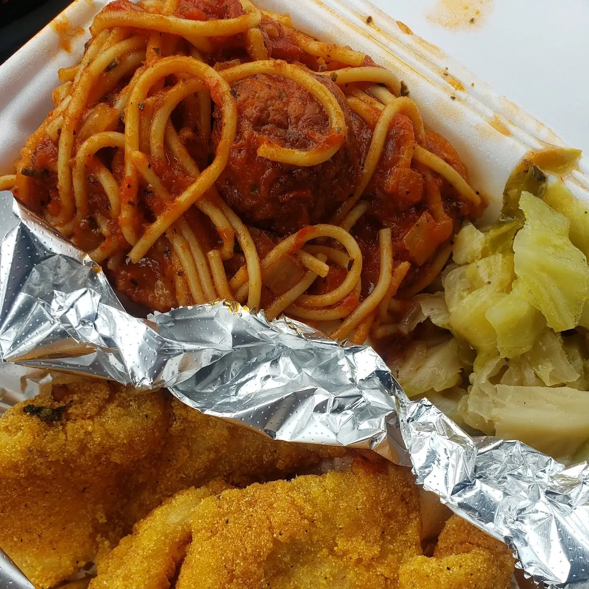 Fried Catfish Spaghetti and Meatballs Cabbage