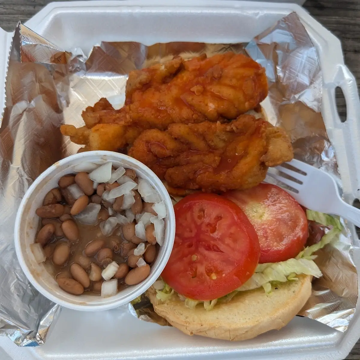 Spicy Chicken Sandwich and Beans