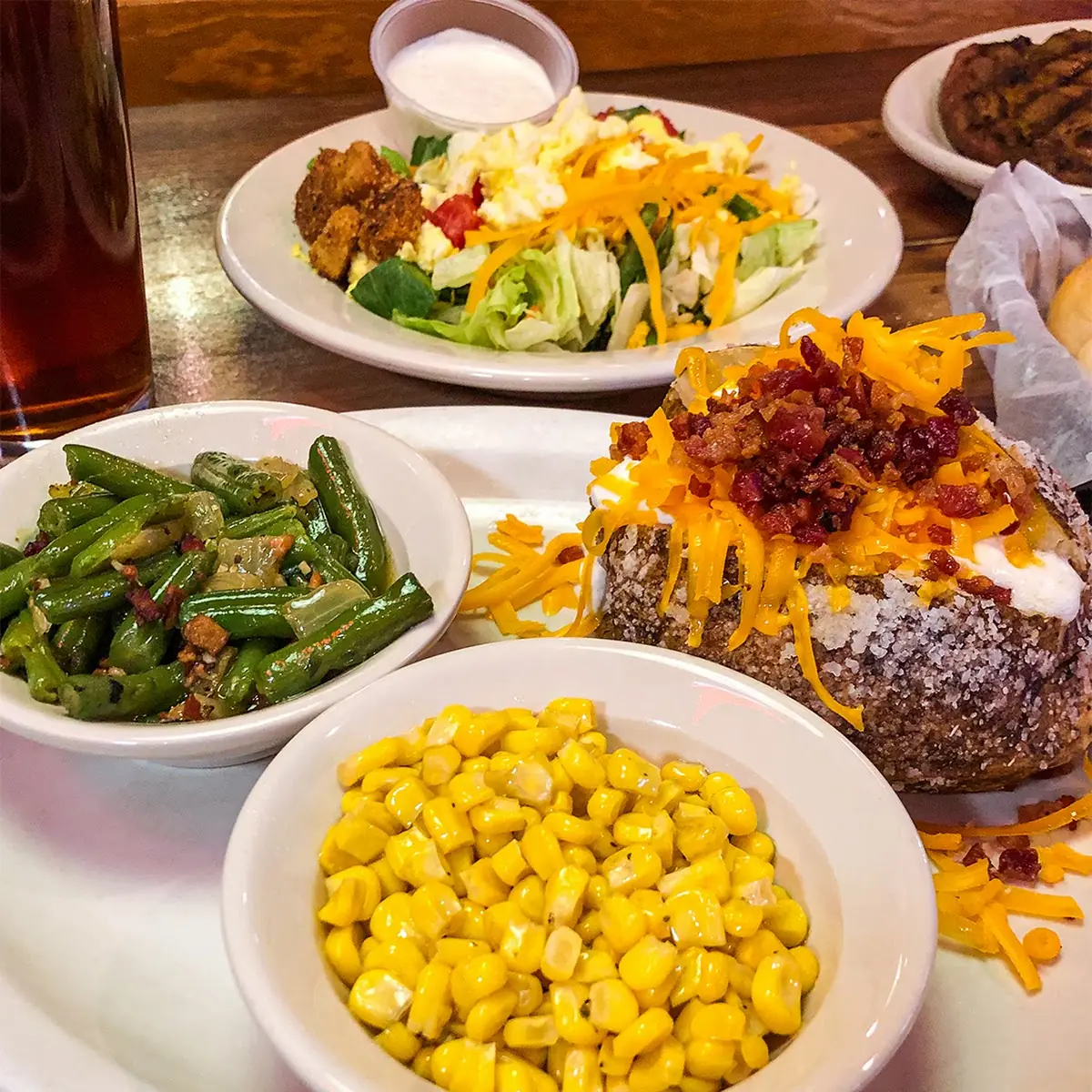 Buttered Corn House Salad Steak Fries
