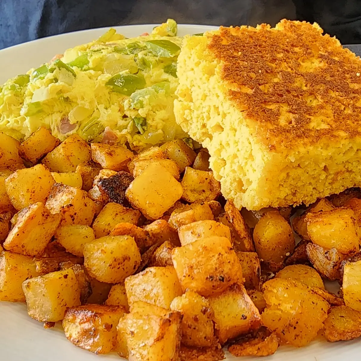 Western Omelette with Cornbread and Hash Browns