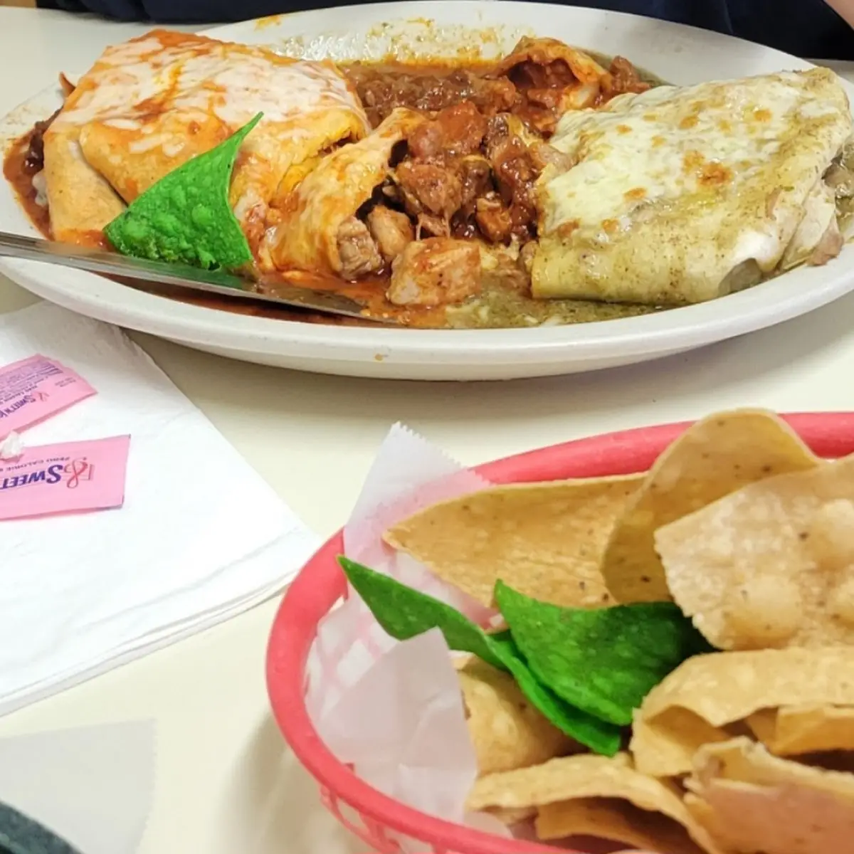 Elephant Burrito Half Green Chile N Half Red Chile
