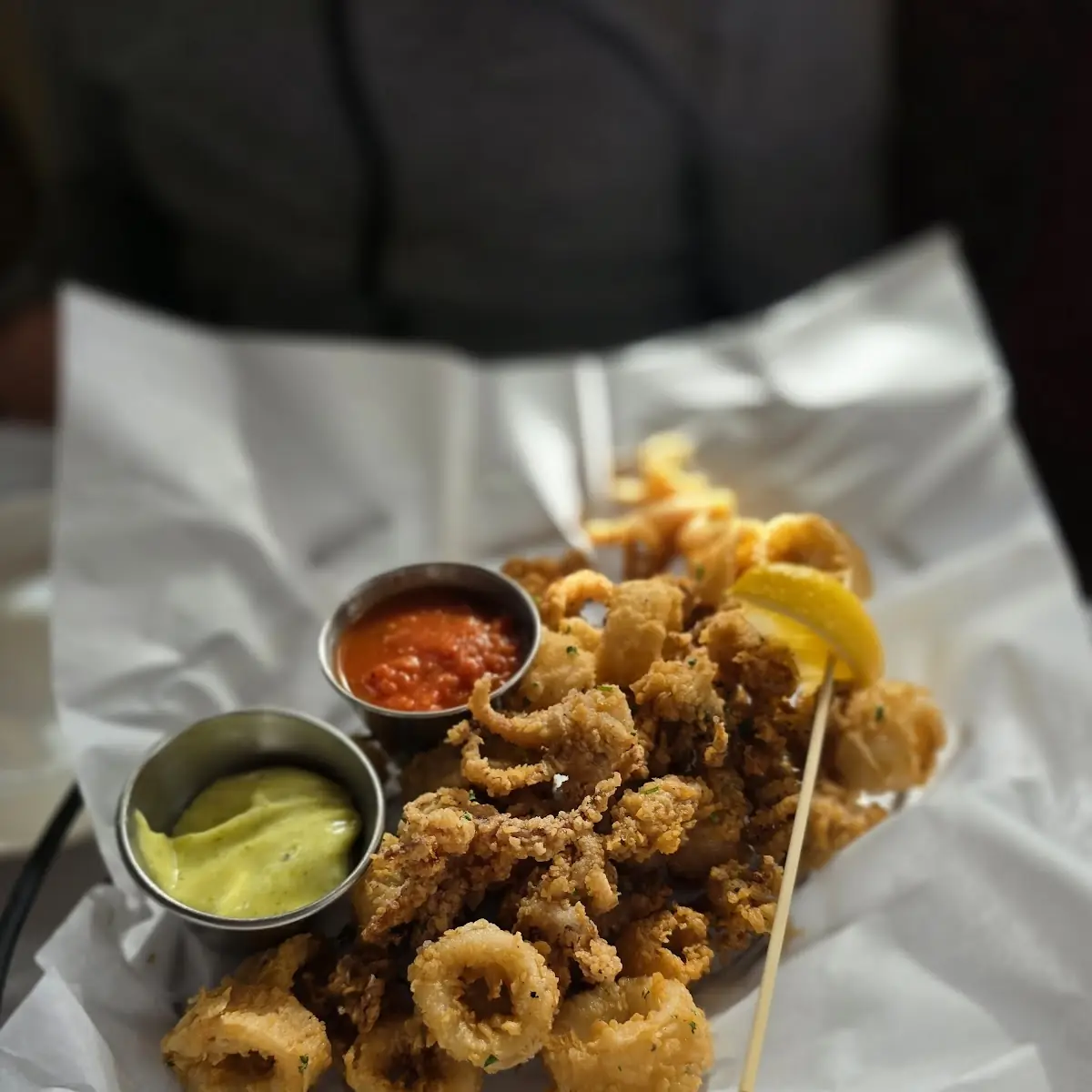 Breaded Calamari with Cilantro Pesto Aioli & Lemon Tomato Sauce