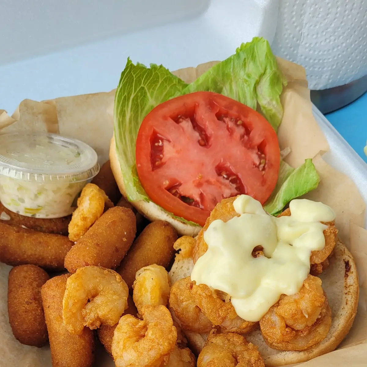 Shrimp Burger with Hush Puppies