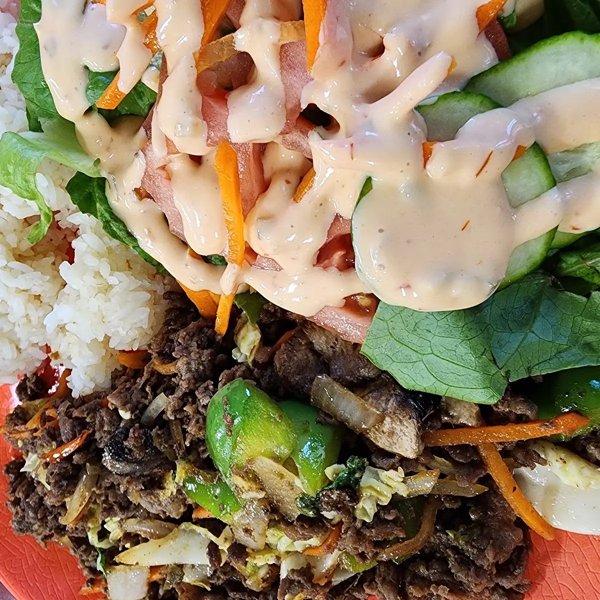 Bugolgi Platter Korea Sticky Rice Bugolgi Grilled Beef Veg Salad w Dressing