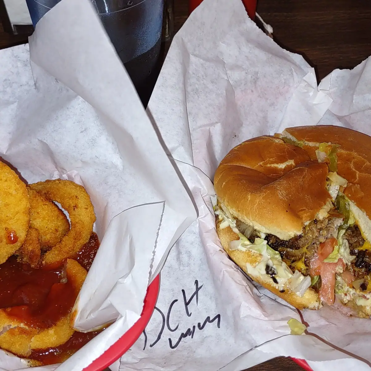 Double Cheese Burger Baske and Onion Rings
