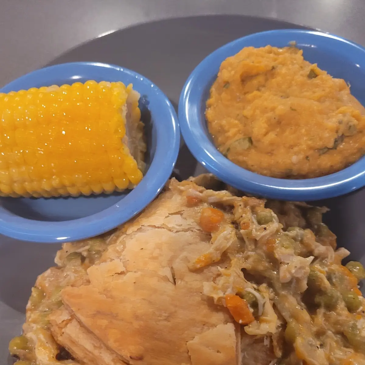 Chicken Pot Pie Mashed Sweet Potatoes Corn on the Cob