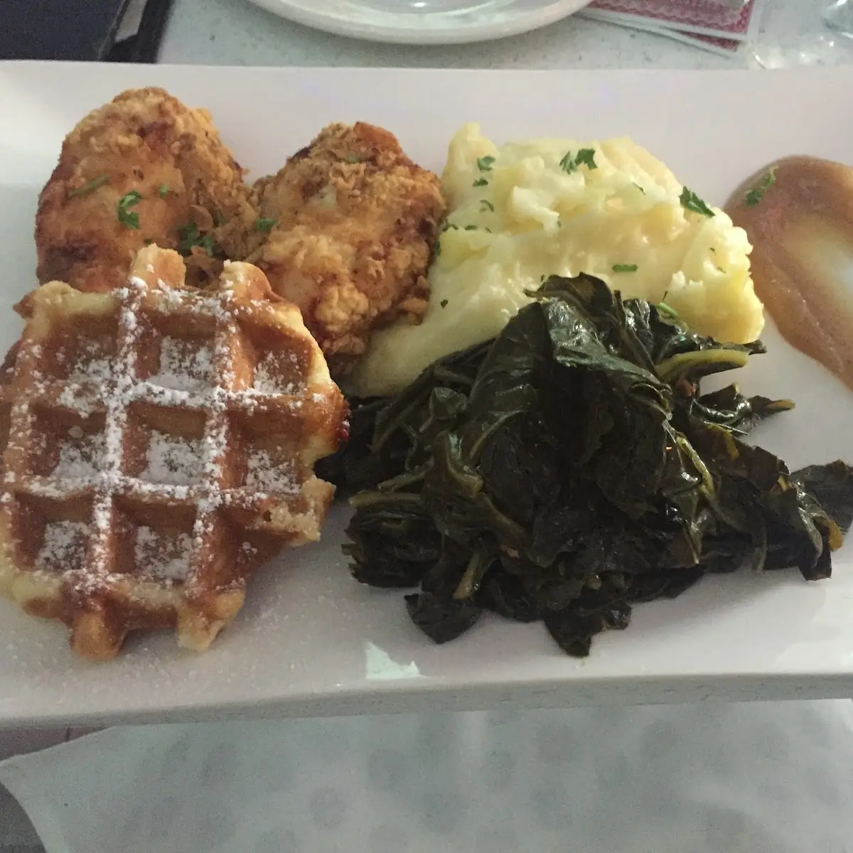 Chicken and Waffles Greens Garlic Mashed Potatoes