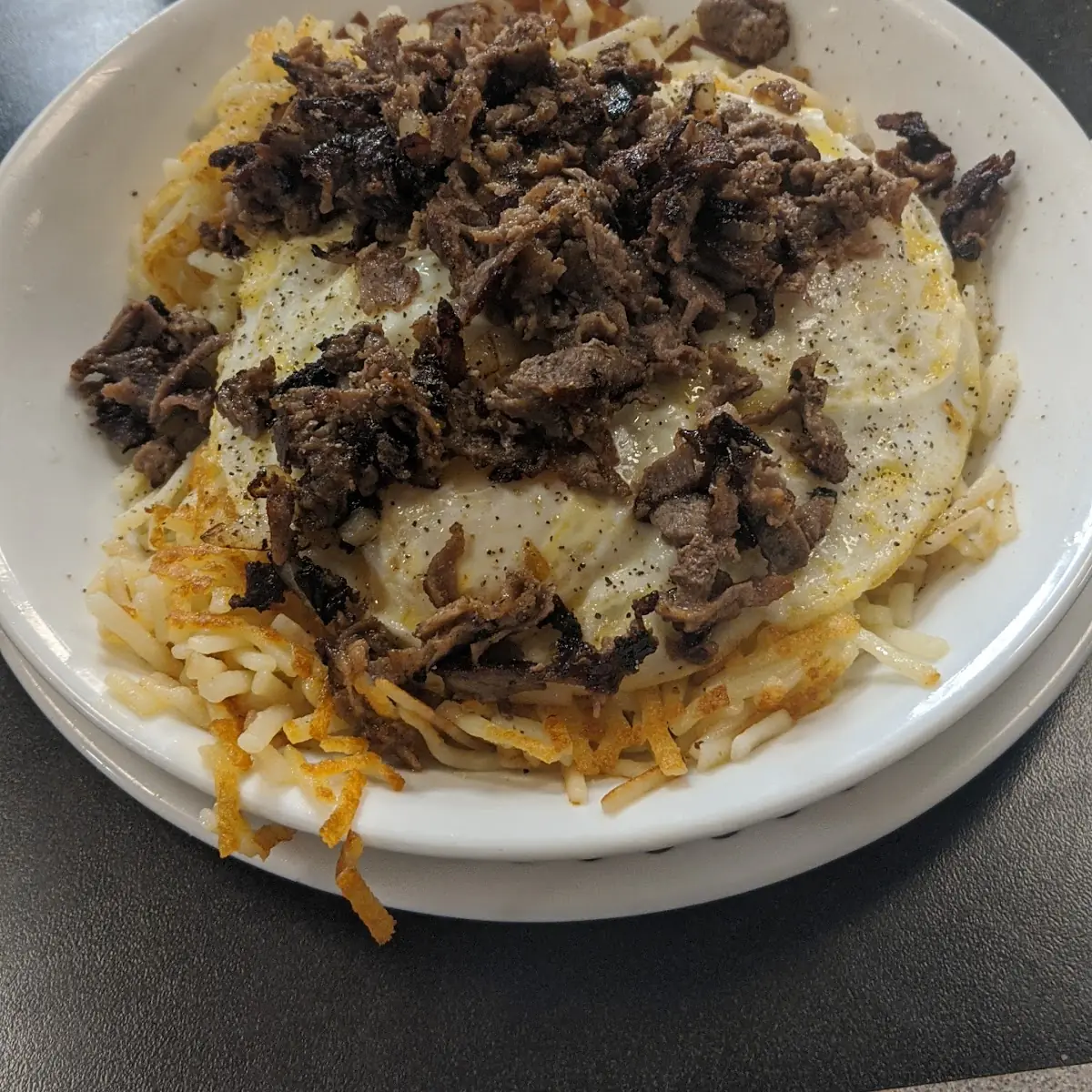 Cheese Steak Hash Brown Bowl Add over Medium Egg