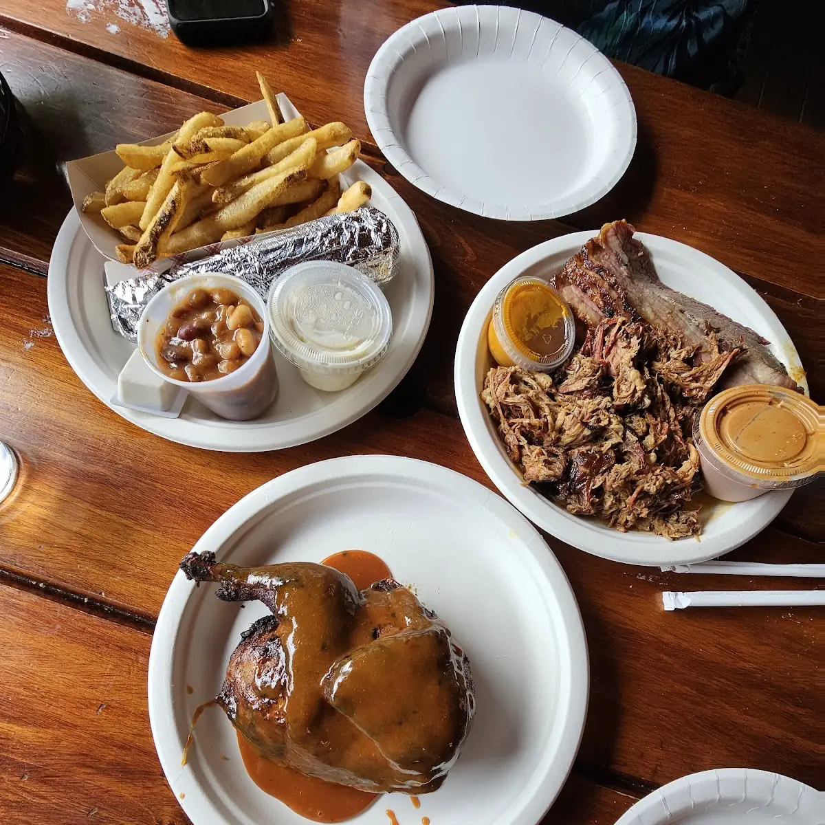 1 2 Smoked Chicken and Combo 1 Pulled Pork Brisket SWT Corn Beans and Slaw