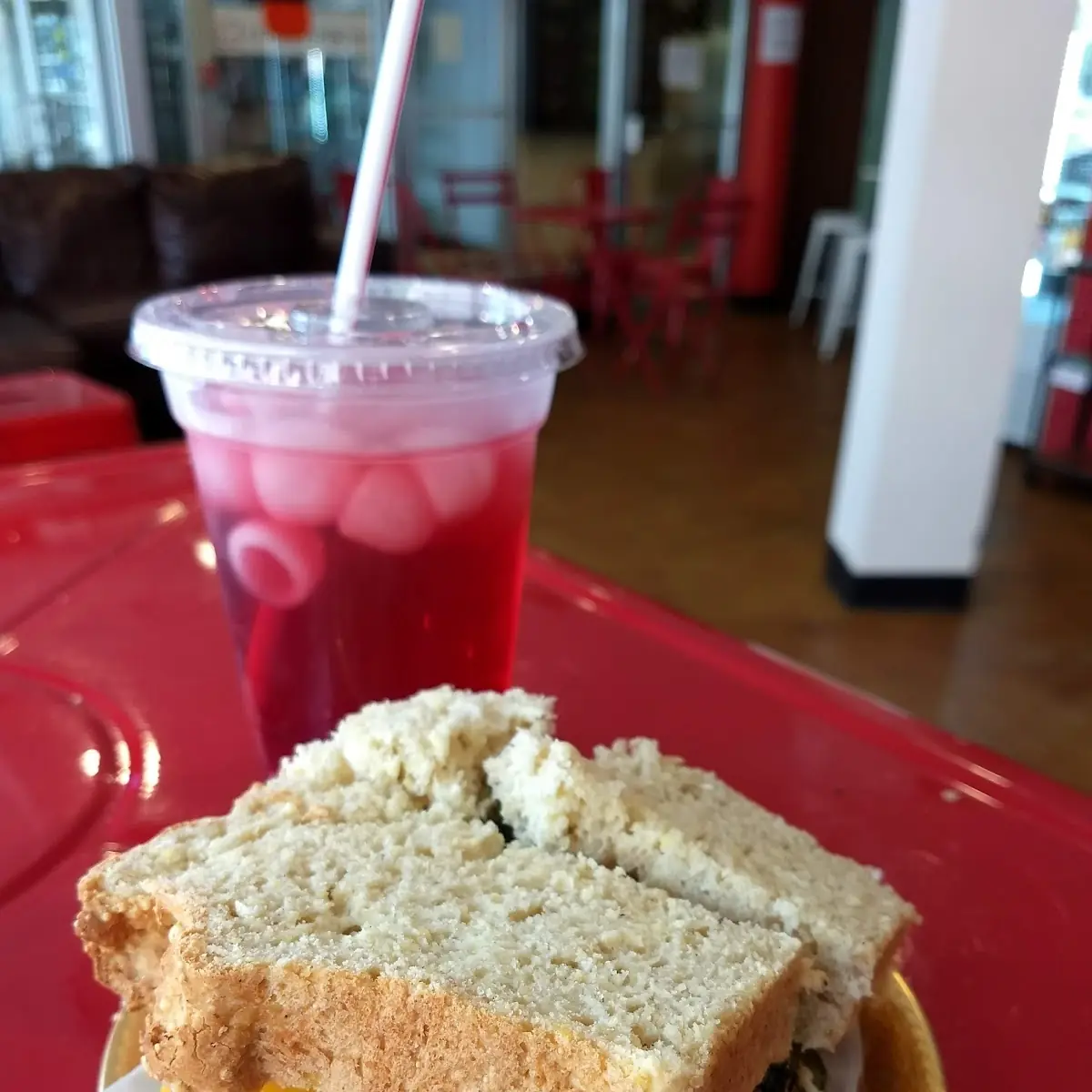Roasted Vegetables with Hummus Sandwich on Ancient Grain Bread and Hibiscus Raspberry Iced Tea