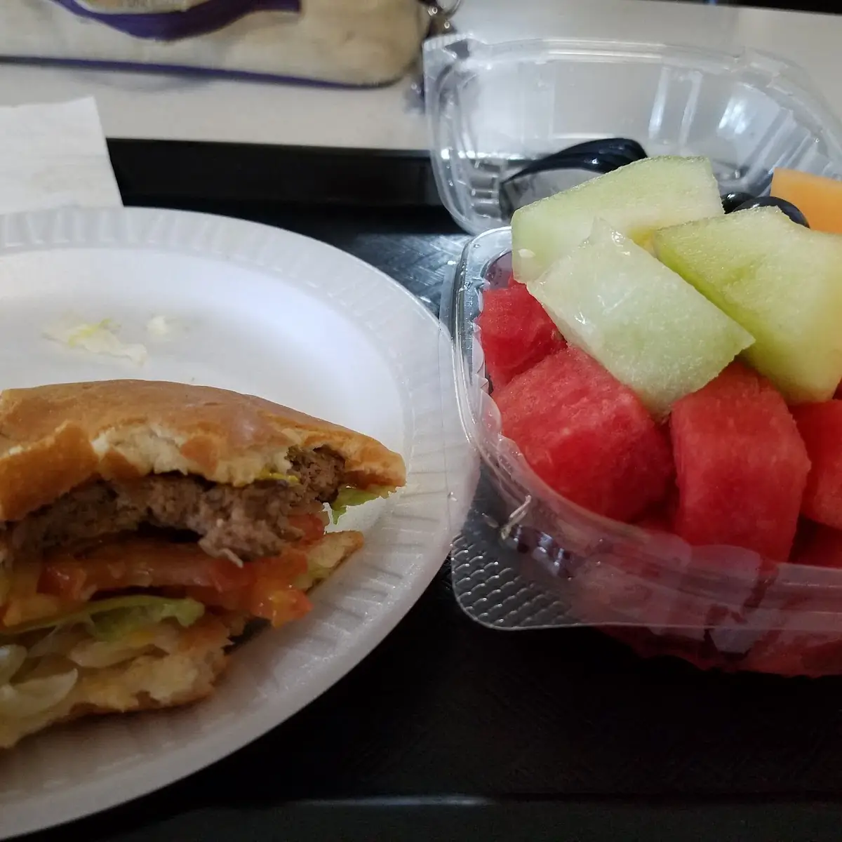 Burger and Fresh Fruit