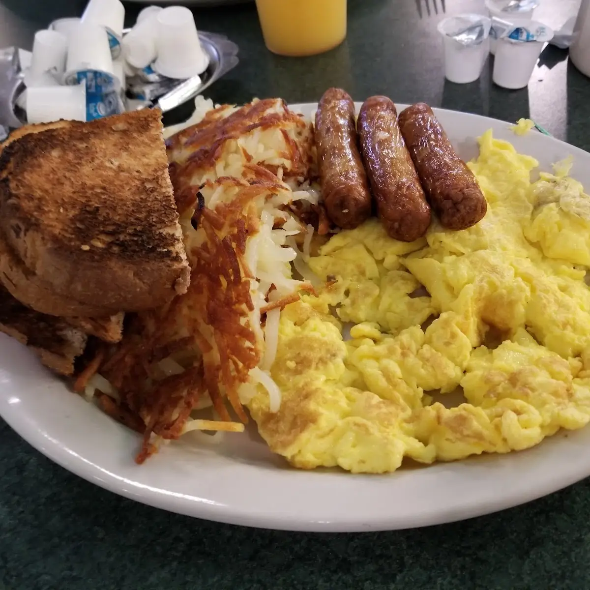 3 Eggs and Turkey Sausage Hash Browns Toast