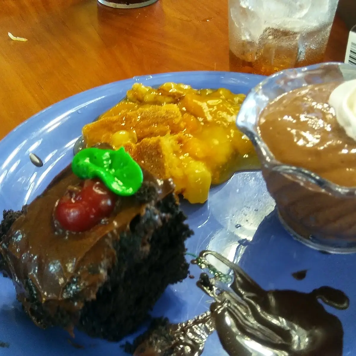 Chocolate Cake Peach Cobbler and Chocolate Pudding