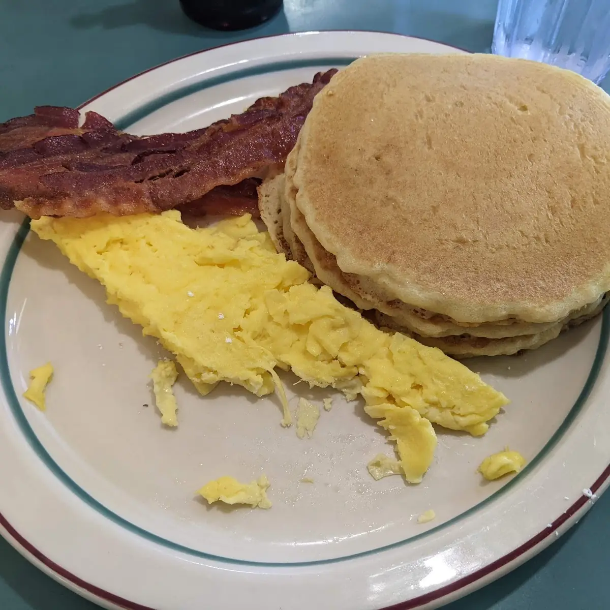 Chocolate Chip Pancakes Bacon and Eggs