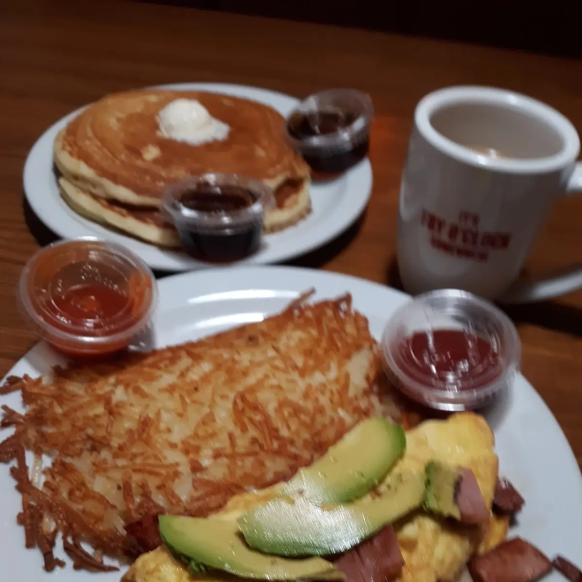 Ham and Cheese Omelette with Avocado Hash Browns and Pancakes