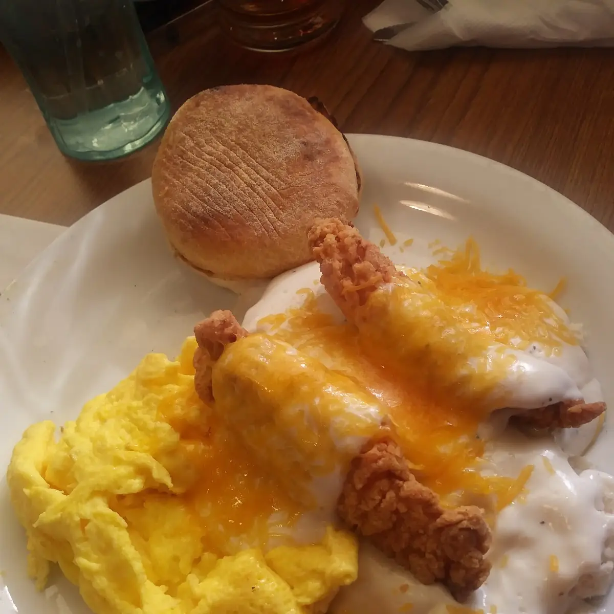 Bacon and Cheese Omelette over County Gravy