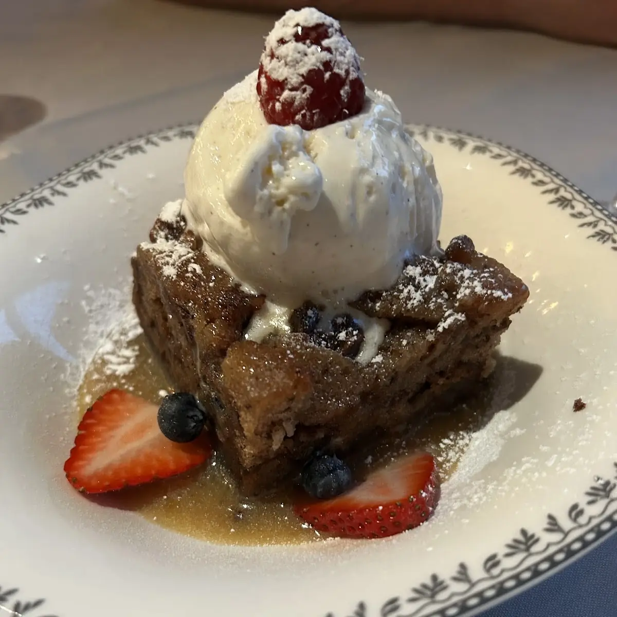 Banana Walnut Bread Pudding with Ice Cream and Berries