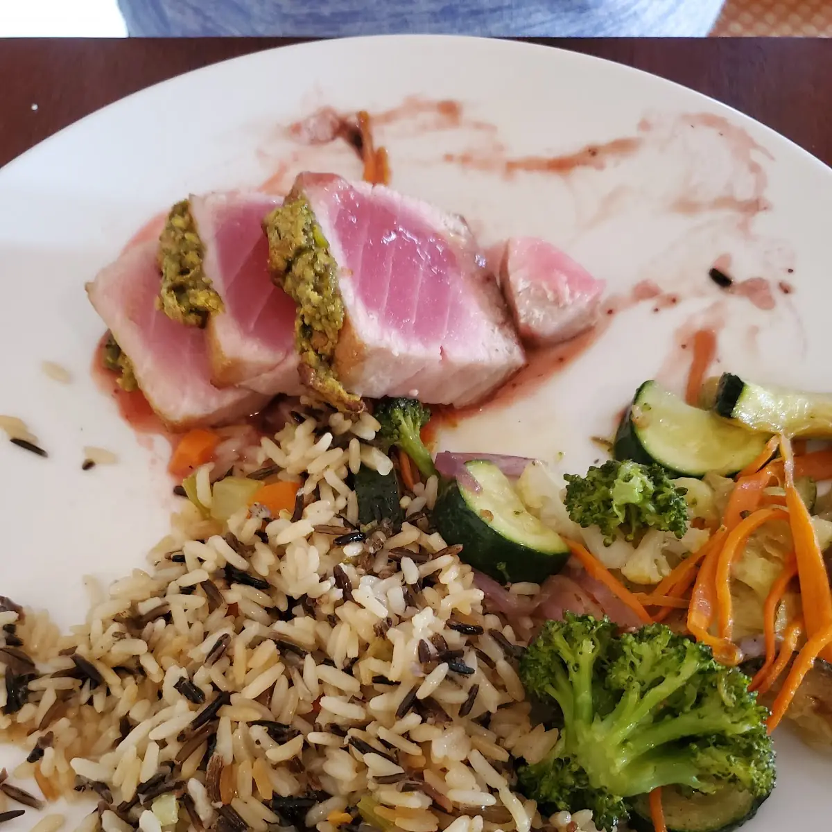Ahi Tuna Steak with Rice Pilaf and Vegetable Medley
