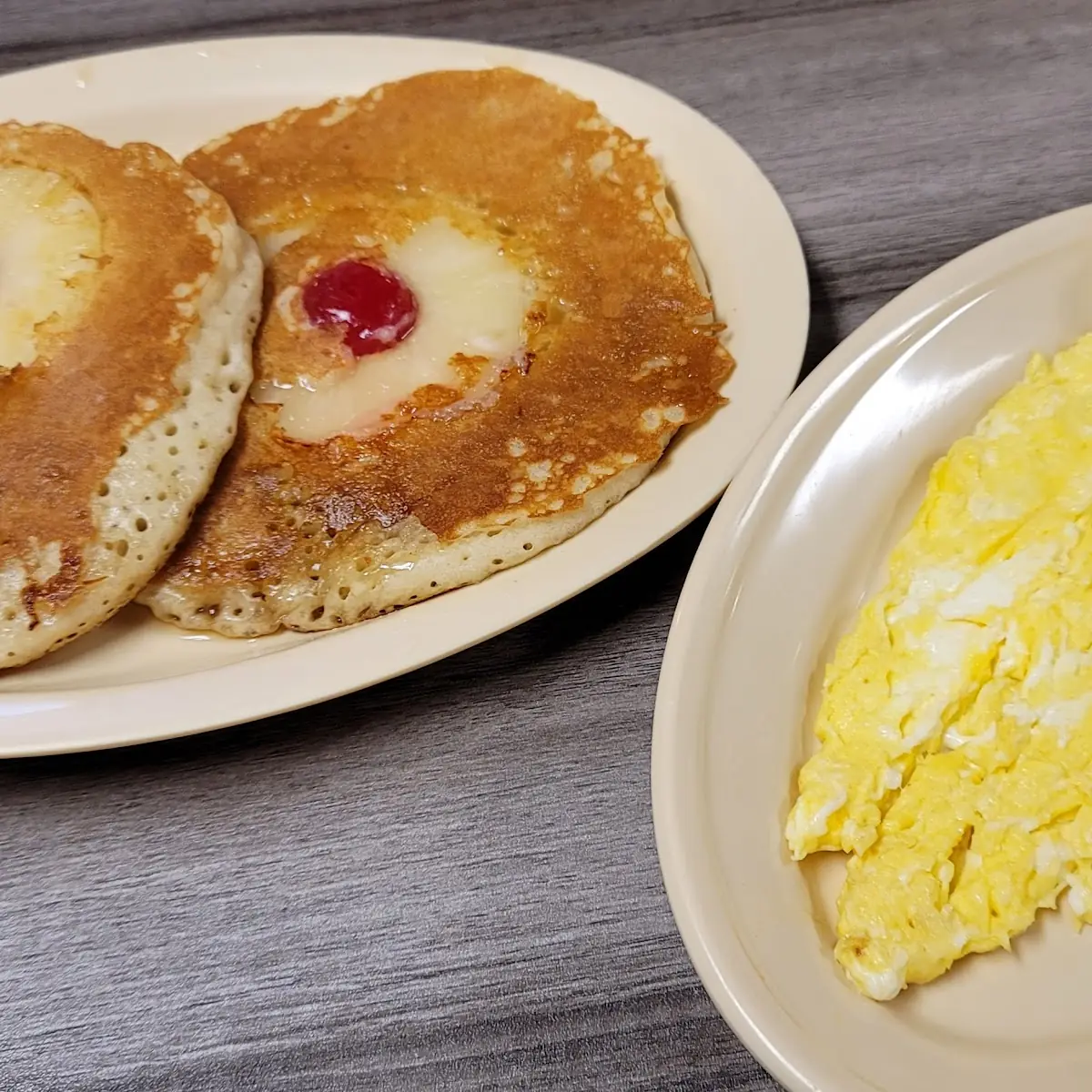 Pineapple Upside Down Pancake & Scrambled Eggs