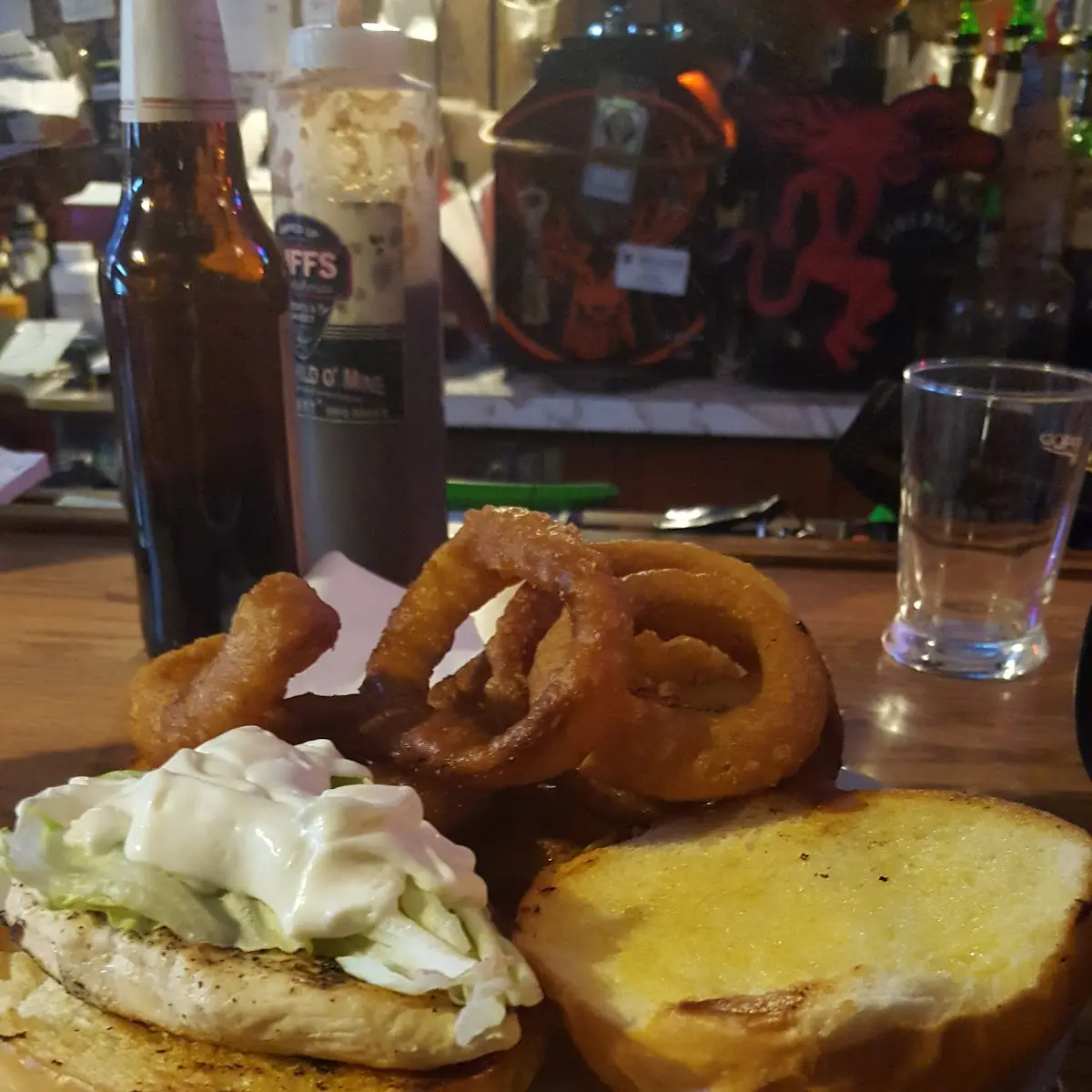Grilled Chicken Sandwich with Onion Rings