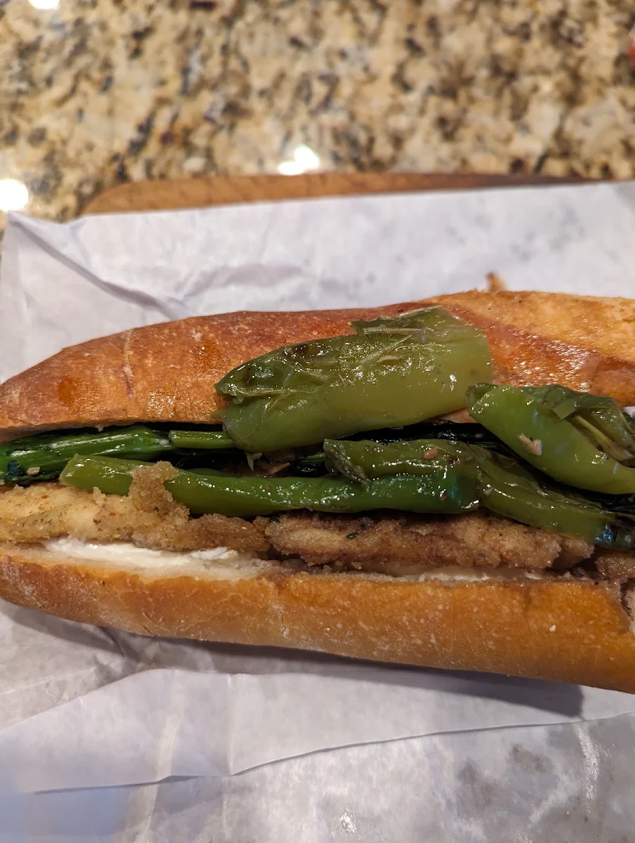 Chicken Cutlet Sandwich with Broccoli Rabe Mozzarella Cheese and Long Hots