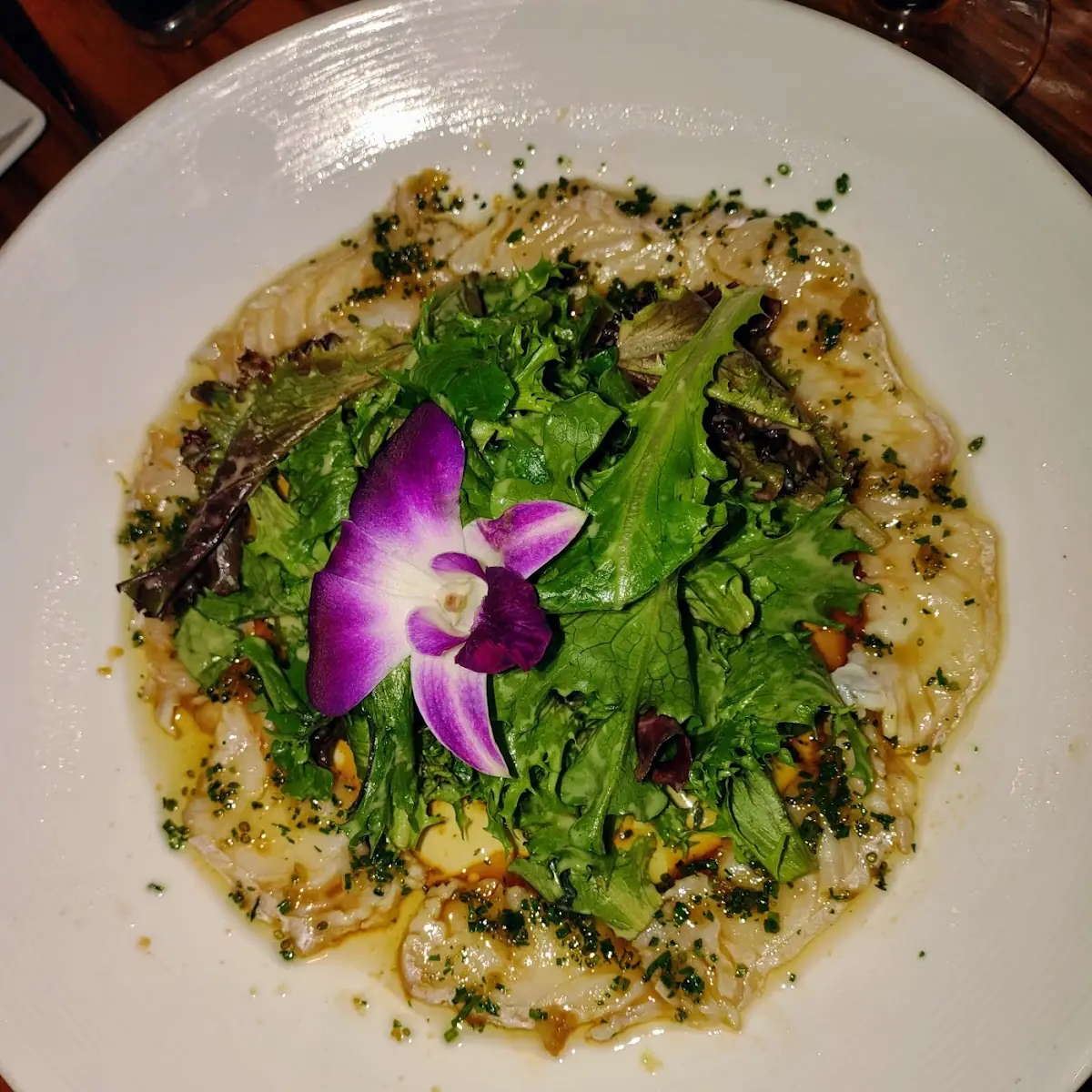 Whitefish Carpaccio Hot Oil Mitsuba