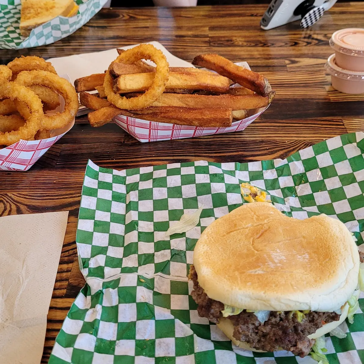 Cheeseburger with Everything and Onion Rings