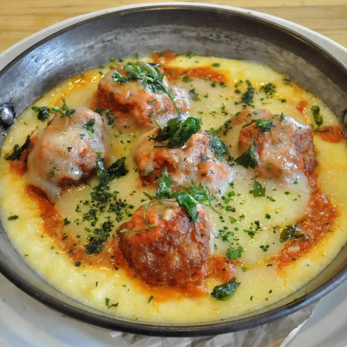 Baked Parmesan Polenta with Duroc Pork Meatballs